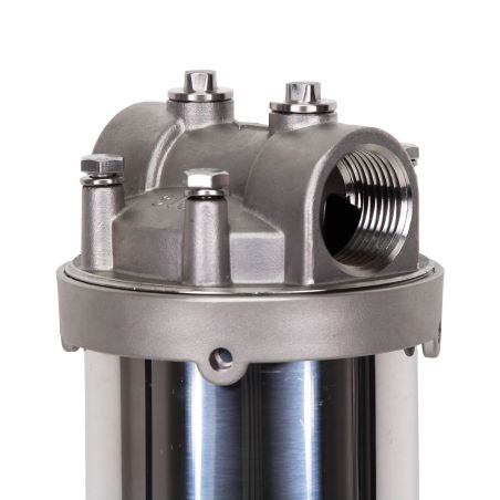 Carter inox 10'' AISI316 entrée sortie 1'' BSPT code 226 avec mano 0-6 bars et equerre