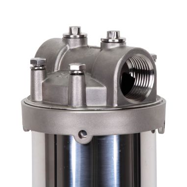 Carter inox 20'' AISI316 entrée sortie 1'' BSPT code DOE avec mano 0-6 bars et equerre
