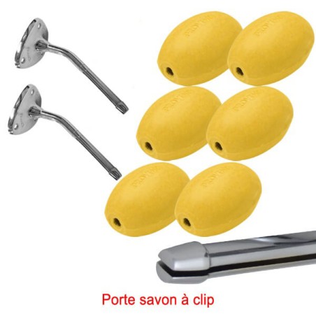 Lot 6 savons jaunes rotatif écolier à clip + 2 portes savons Clip