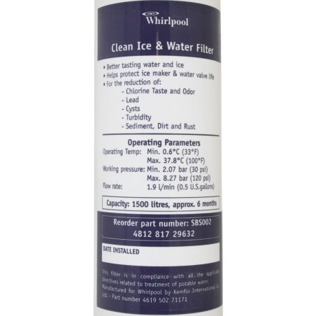 Filtre Whirlpool SBS002 - Filtre frigo d'origine Whirlpool SBS002
