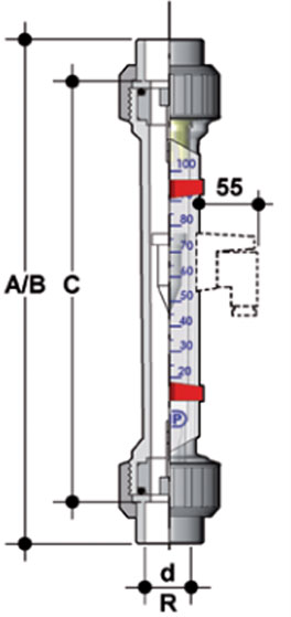 Dimension débitmètre PCV pression à coller