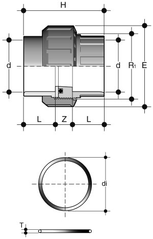 dimension union trois pièces 16 mm PVC pression a coller