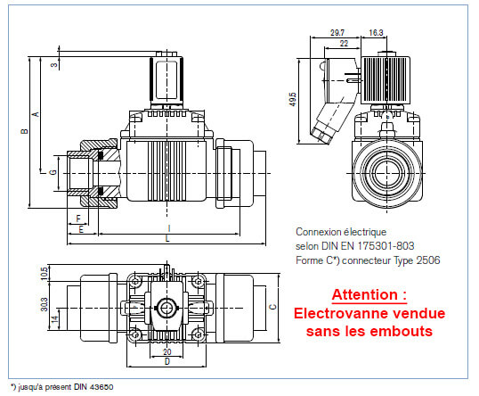 Dimensions de l'électrovanne 2/2 - 10 bars - Avec membrane assistée