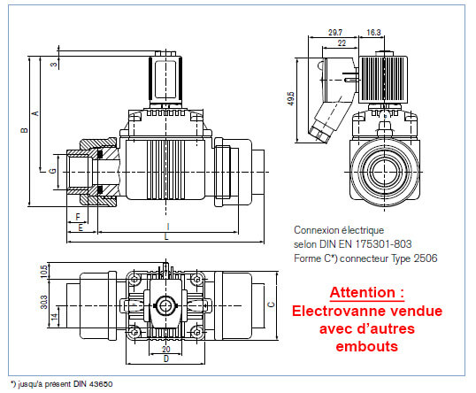 Dimensions de l'électrovanne 2/2 - 10 bars - Avec membrane assistée