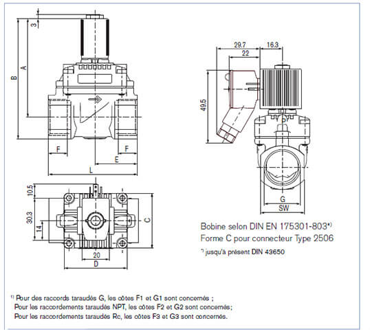 Dimensions de l'électrovanne 2/2 - 10 bars - Avec membrane assistée