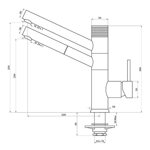 Dimensions du robinet 3 voies avec douchette modèle Milano