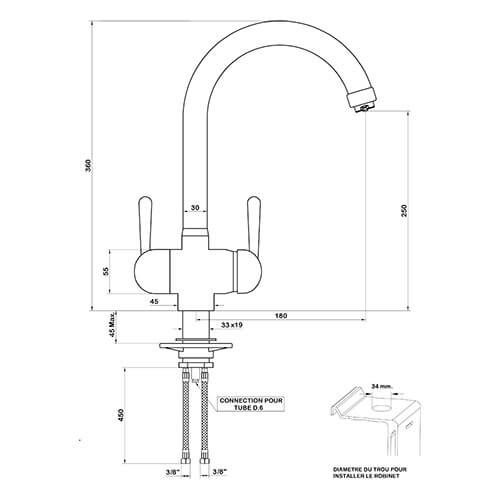Dimensions du robinet 3 voies avec douchette modèle Roma