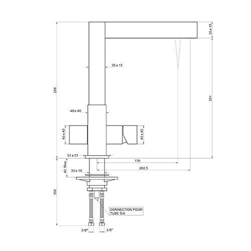 Dimensions du robinet 3 voies avec douchette modèle Como