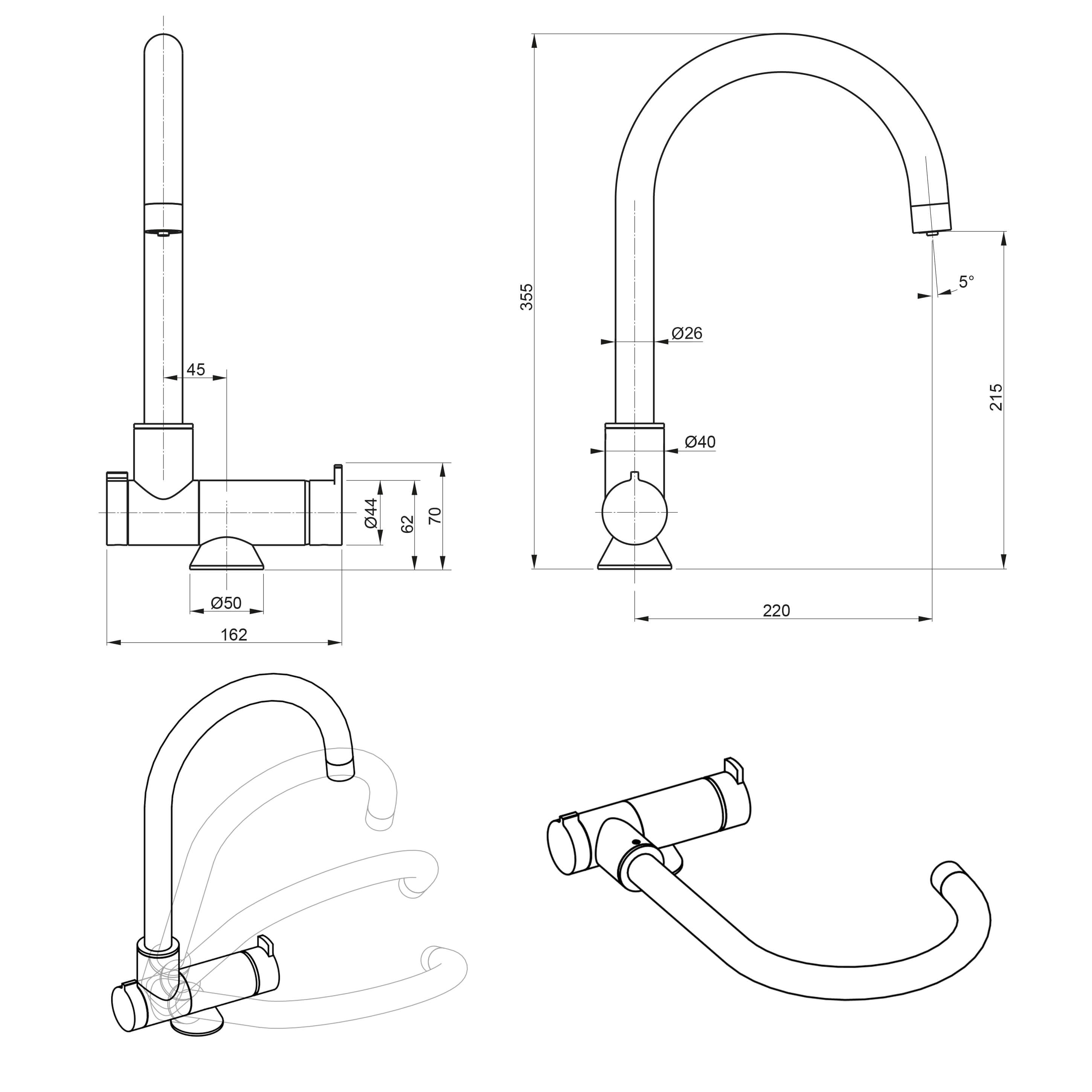 Dimensions du robinet 3 voies avec douchette modèle Firenze