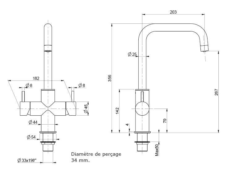 Dimensions du robinet 5 voies tout inox modèle Bari